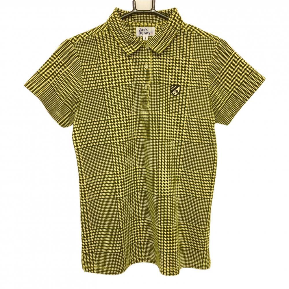 【美品】ジャックバニー 半袖ポロシャツ イエロー×黒 千鳥格子 ワッペン レディース 2(L) ゴルフウェア Jack Bunny