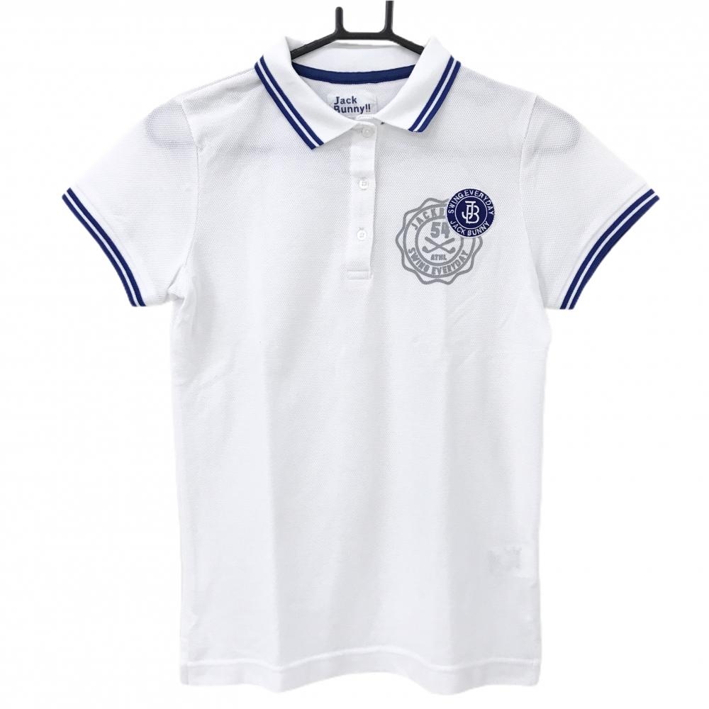 【美品】ジャックバニー 半袖ポロシャツ 白×ブルー 襟・袖口ライン  レディース 1(M) ゴルフウェア Jack Bunny