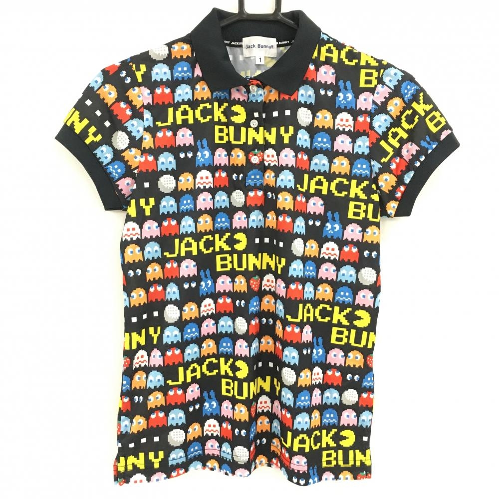 【超美品】ジャックバニー×パックマン 半袖ポロシャツ 黒×マルチカラー パックマン総柄  レディース 1(M) ゴルフウェア Jack Bunny