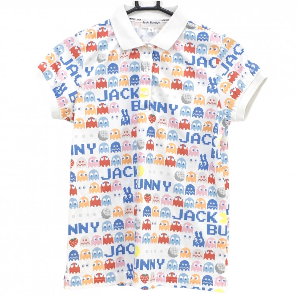 【美品】ジャックバニー×パックマン 半袖ポロシャツ 白×マルチカラー パックマン総柄  レディース 1 ゴルフウェア Jack Bunny