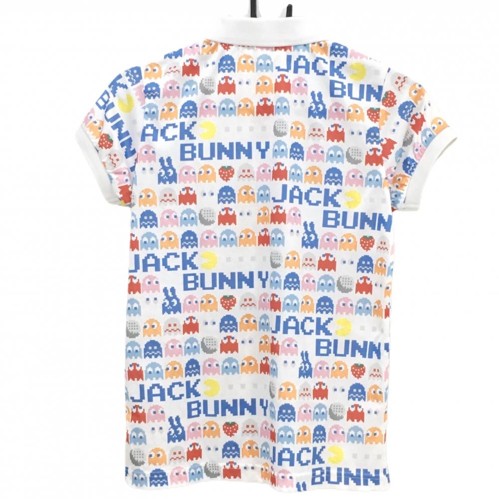 【美品】ジャックバニー×パックマン 半袖ポロシャツ 白×マルチカラー パックマン総柄 レディース 1(M) ゴルフウェア Jack Bunny