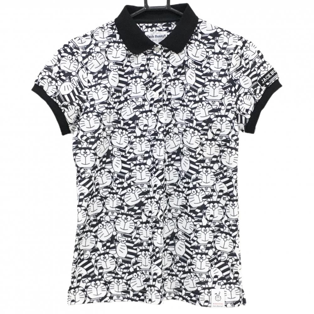 【超美品】ジャックバニー×ドラえもん 半袖ポロシャツ 白×黒 うさ耳ドラえもん総柄  レディース 1(M) ゴルフウェア Jack Bunny