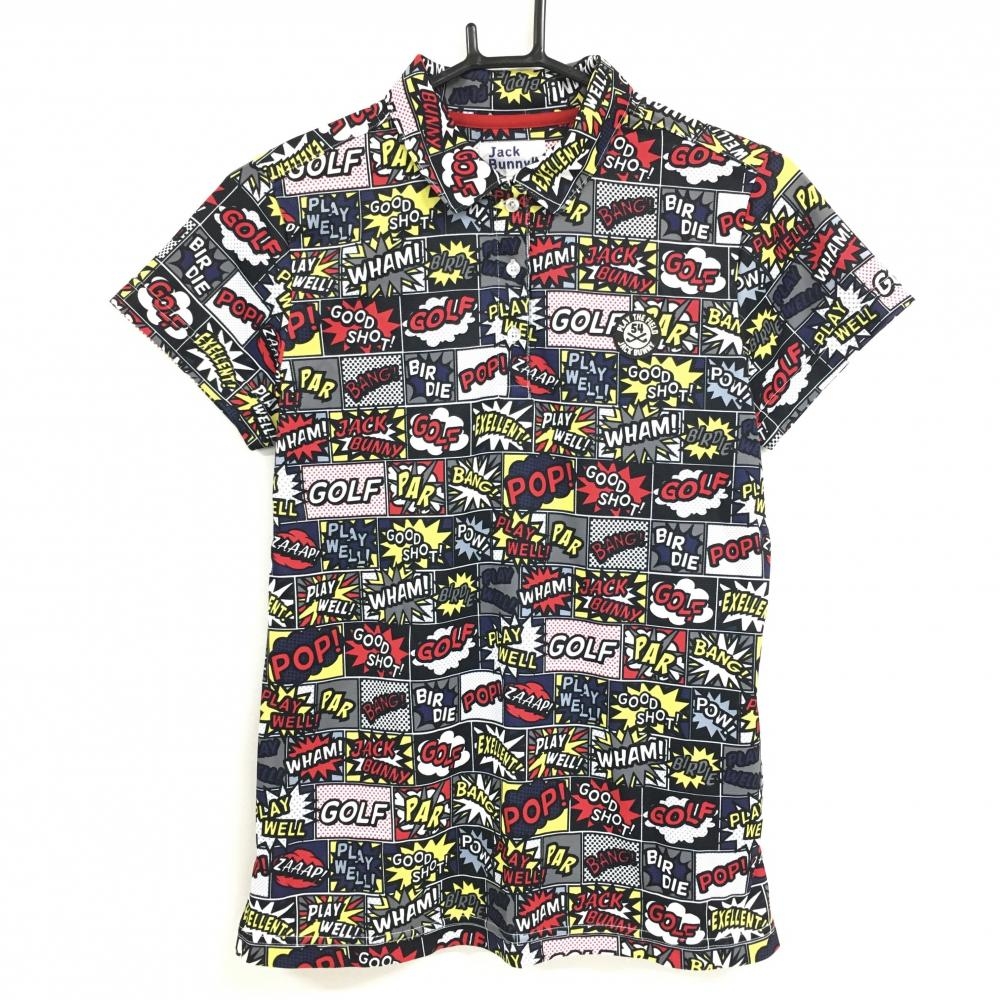 【超美品】ジャックバニー 半袖ポロシャツ グレー×マルチカラー コミック総柄  レディース 2(L) ゴルフウェア Jack Bunny