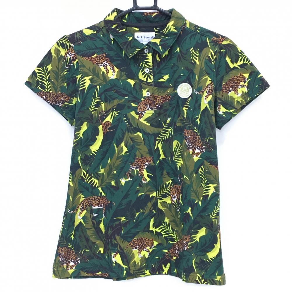 【美品】ジャックバニー 半袖ポロシャツ グリーン×ライトグリーン リーフ総柄 ヒョウ レディース 2(L) ゴルフウェア Jack Bunny