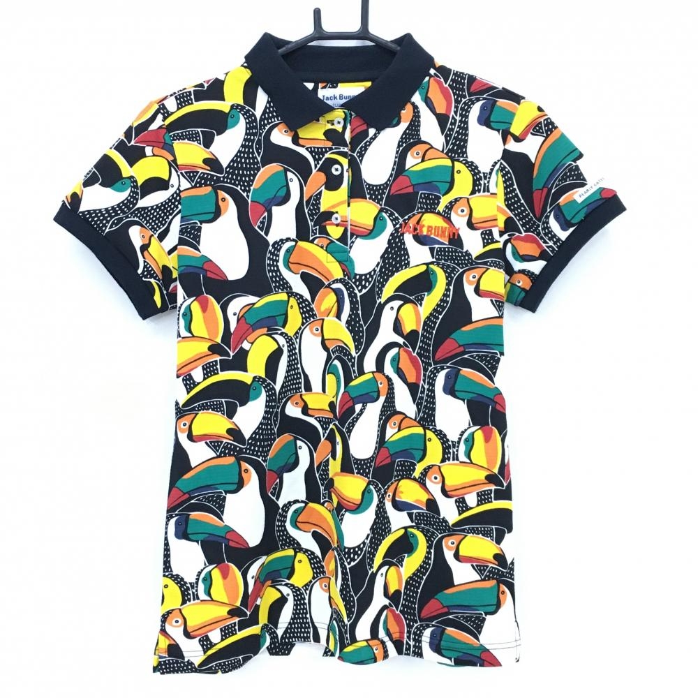 【超美品】ジャックバニー 半袖ポロシャツ 黒×イエロー 鳥総柄 ロゴ刺しゅう レディース 2(L) ゴルフウェア Jack Bunny