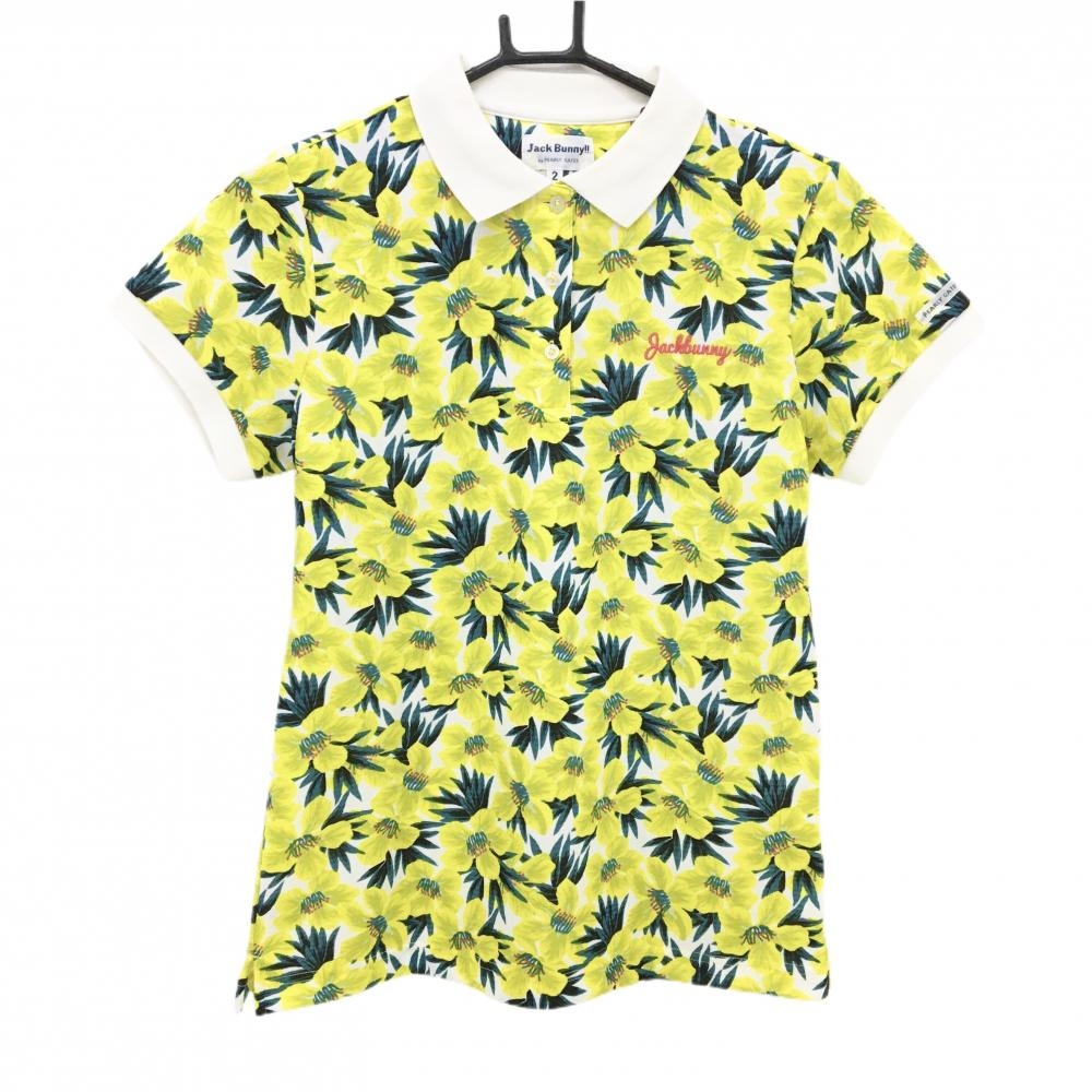 【超美品】ジャックバニー 半袖ポロシャツ 白×イエロー 花総柄 ロゴ刺しゅう レディース 2(L) ゴルフウェア Jack Bunny