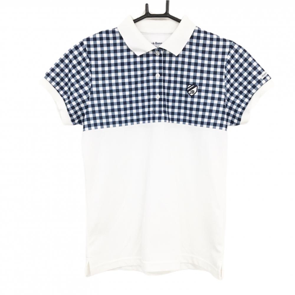 【美品】ジャックバニー 半袖ポロシャツ 白×ネイビー 上部チェック レディース 1(M) ゴルフウェア Jack Bunny