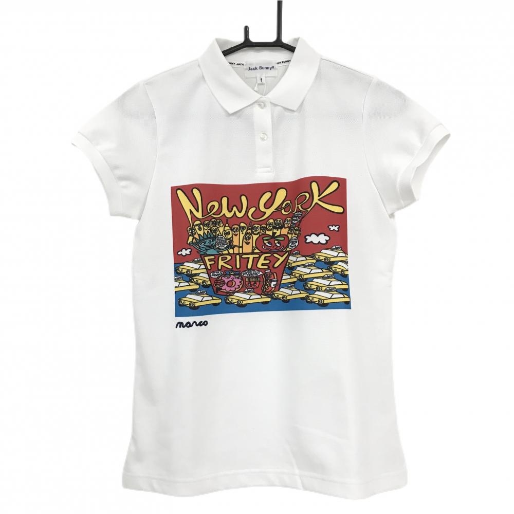 【新品】ジャックバニー 半袖ポロシャツ 白×レッド フロントプリント PETER MARCO レディース 1(M) ゴルフウェア Jack Bunny