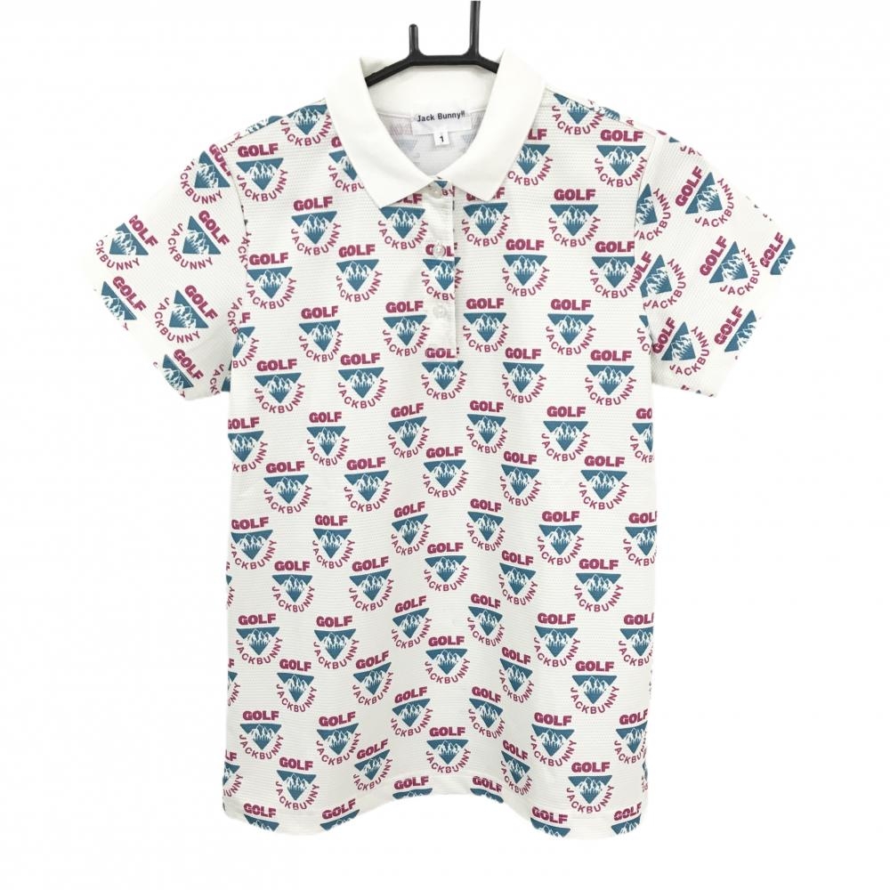 【美品】ジャックバニー 半袖ポロシャツ アイボリー×ピンク系×グリーンブルー 総柄 ロゴ レディース 1(M) ゴルフウェア Jack Bunny