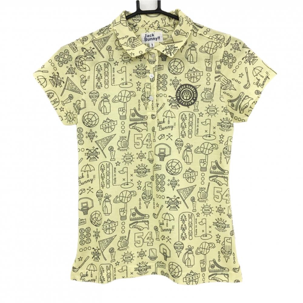 【美品】ジャックバニー 半袖ポロシャツ ライトイエロー×グレー 総柄  レディース 1(M) ゴルフウェア Jack Bunny