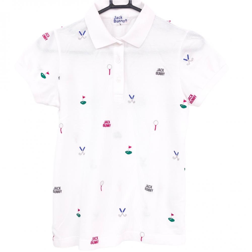 ジャックバニー 半袖ポロシャツ 白×マルチカラー 総柄刺しゅう ロゴ レディース 1(M) ゴルフウェア Jack Bunny