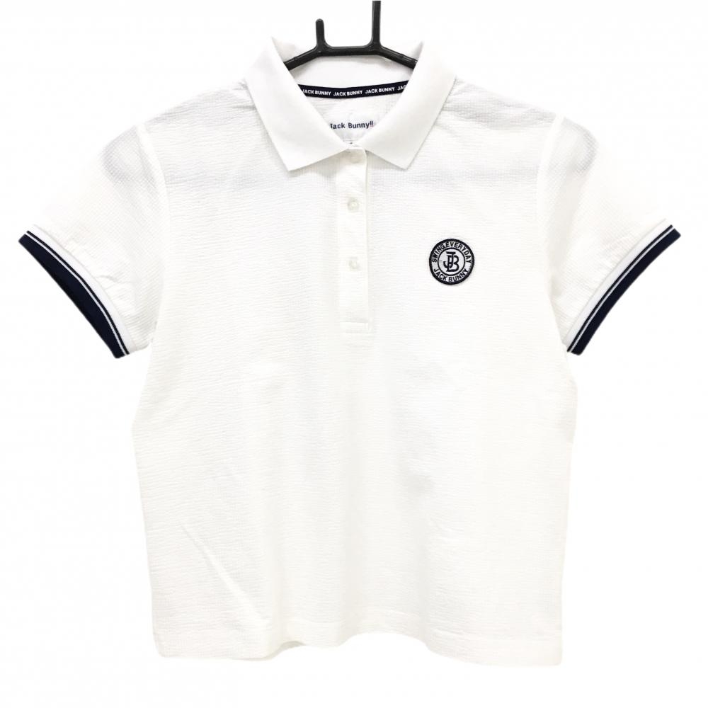 【美品】ジャックバニー 半袖ポロシャツ 白×ネイビー ワッペン サッカー生地 ショート丈  レディース 1(M) ゴルフウェア Jack Bunny