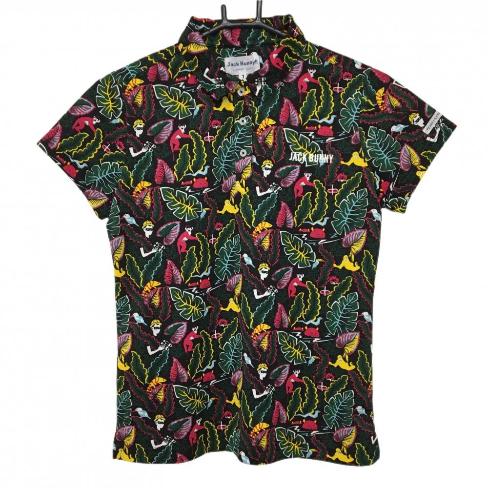 【超美品】ジャックバニー 半袖ポロシャツ 黒×ピンク×グリーン 総柄 リーフ アニマル レディース 1(M) ゴルフウェア Jack Bunny