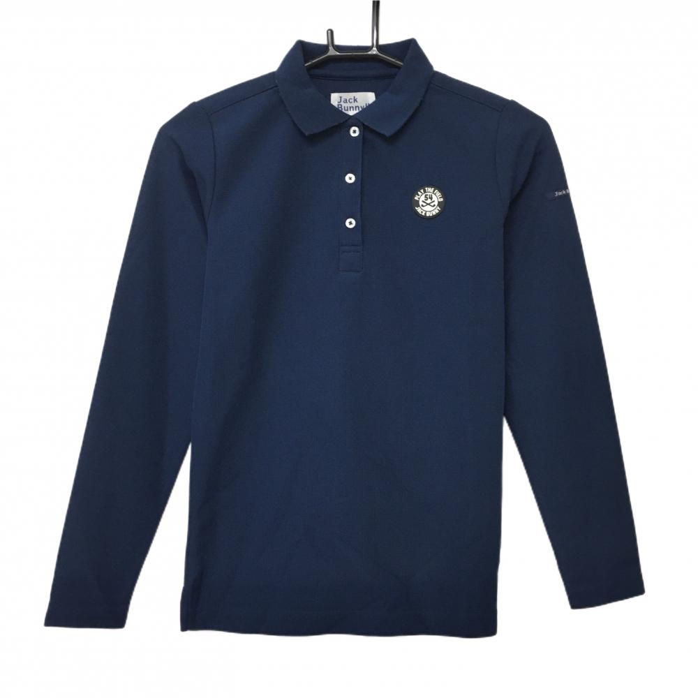 【美品】ジャックバニー 長袖ポロシャツ ネイビー 織生地 シリコンワッペン 袖ロゴ レディース 0(S) ゴルフウェア Jack Bunny
