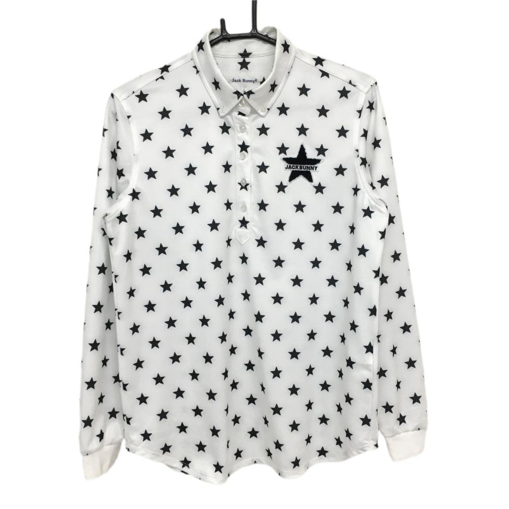 ジャックバニー 長袖ポロシャツ 白×黒 星柄 ロゴワッペン  レディース 2(L) ゴルフウェア Jack Bunny