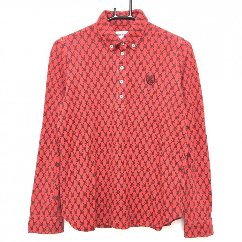 ジャックバニー 長袖ポロシャツ レッド×黒 総柄 胸元ワッペン ボタンダウン レディース 1(M) ゴルフウェア Jack Bunny