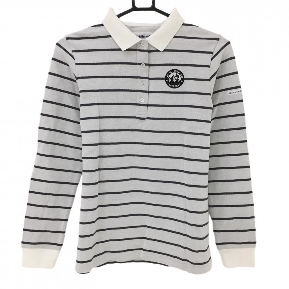 ジャックバニー 長袖ポロシャツ ライトグレー×グレー ボーダー ロゴ刺しゅう レディース 2(L) ゴルフウェア Jack Bunny