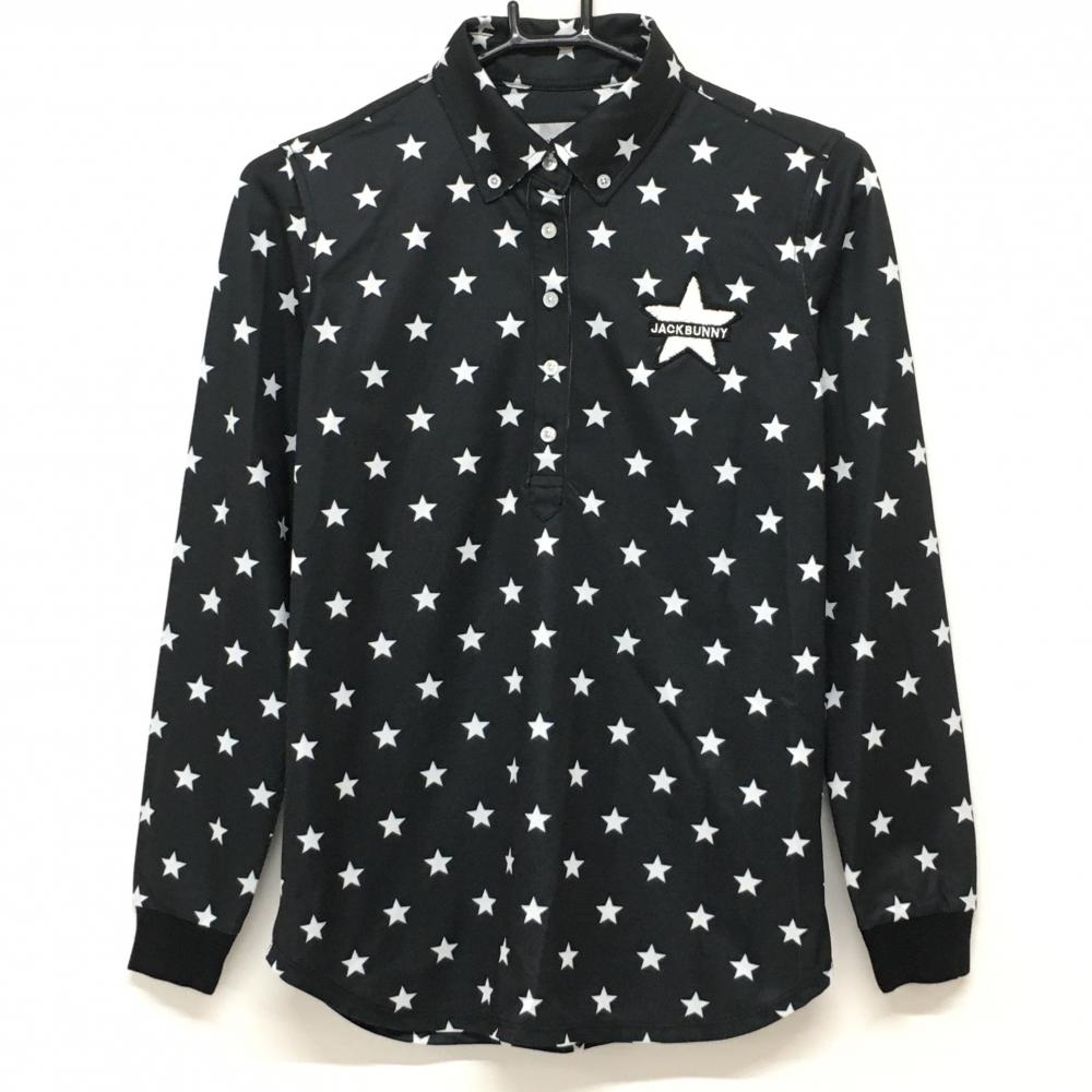 【超美品】ジャックバニー 長袖ポロシャツ 黒×白 星柄 スター ボタンダウン パイル地ワッペン レディース 0(S) ゴルフウェア Jack Bunny
