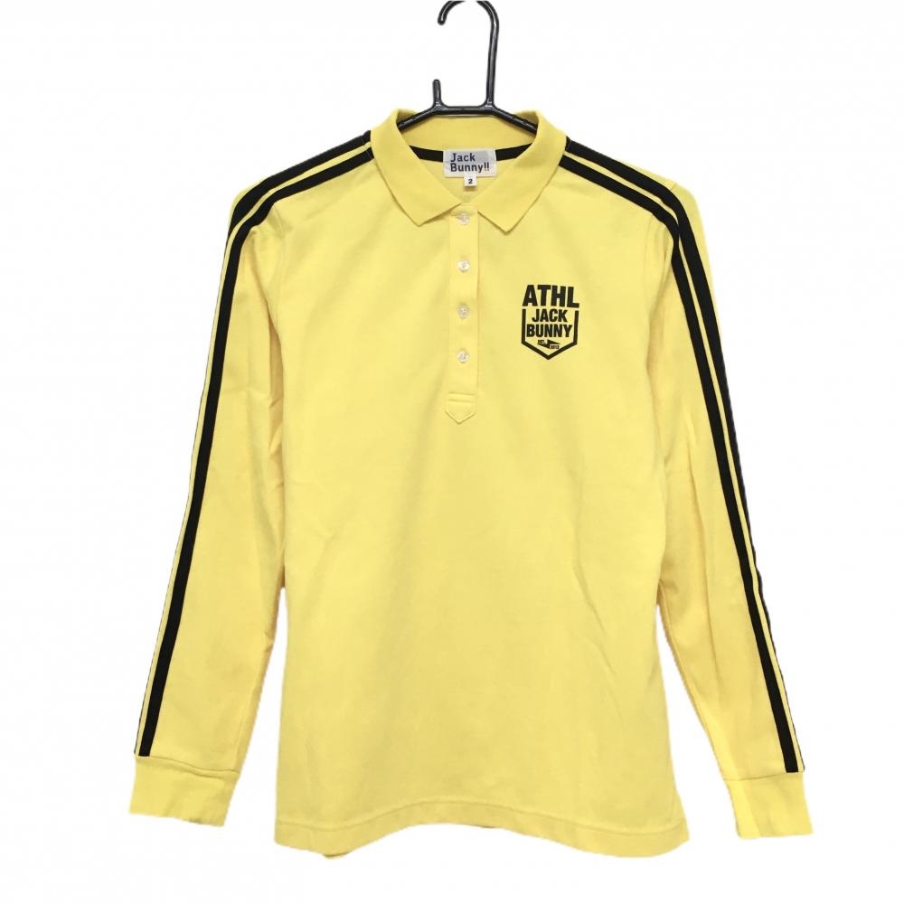 【美品】ジャックバニー 長袖ポロシャツ イエロー×黒 袖2ライン 胸元プリント レディース 2(L) ゴルフウェア Jack Bunny