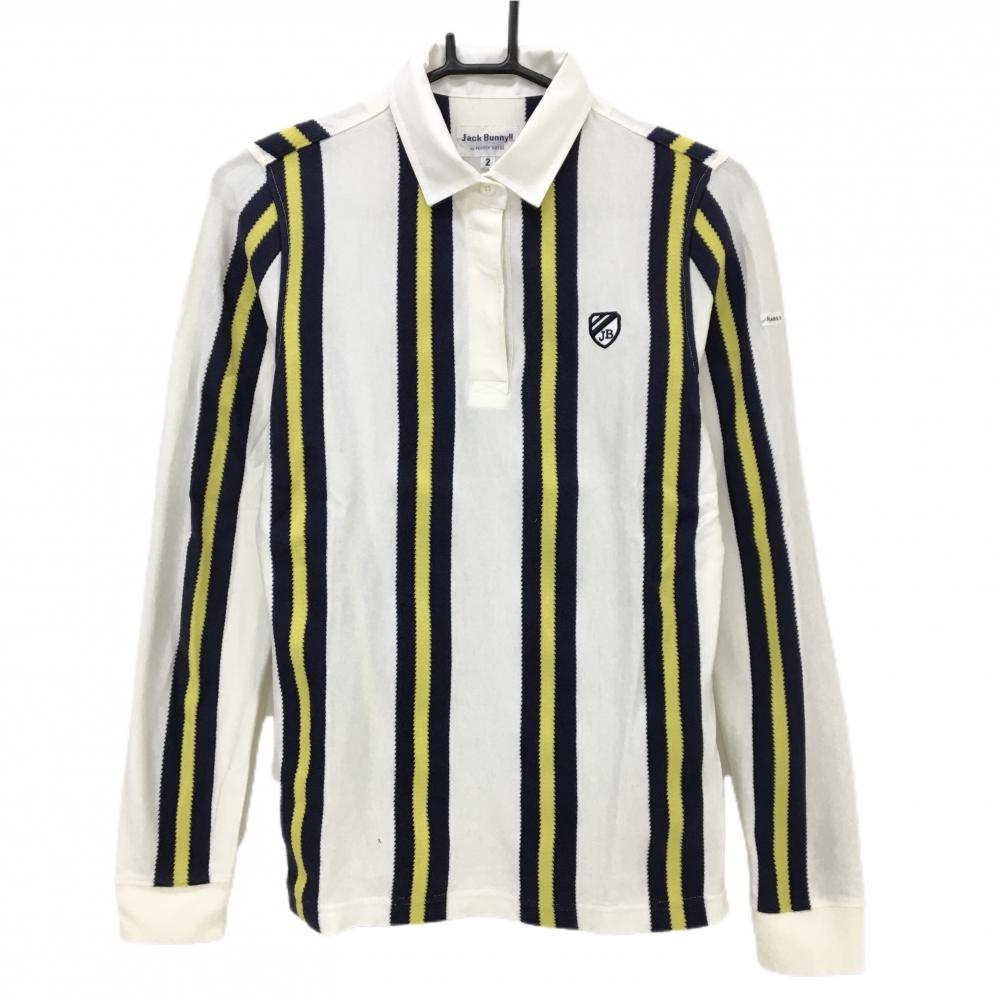 ジャックバニー 長袖ポロシャツ 白×ネイビー×イエロー ストライプ ワッペン  レディース 2(L) ゴルフウェア Jack Bunny