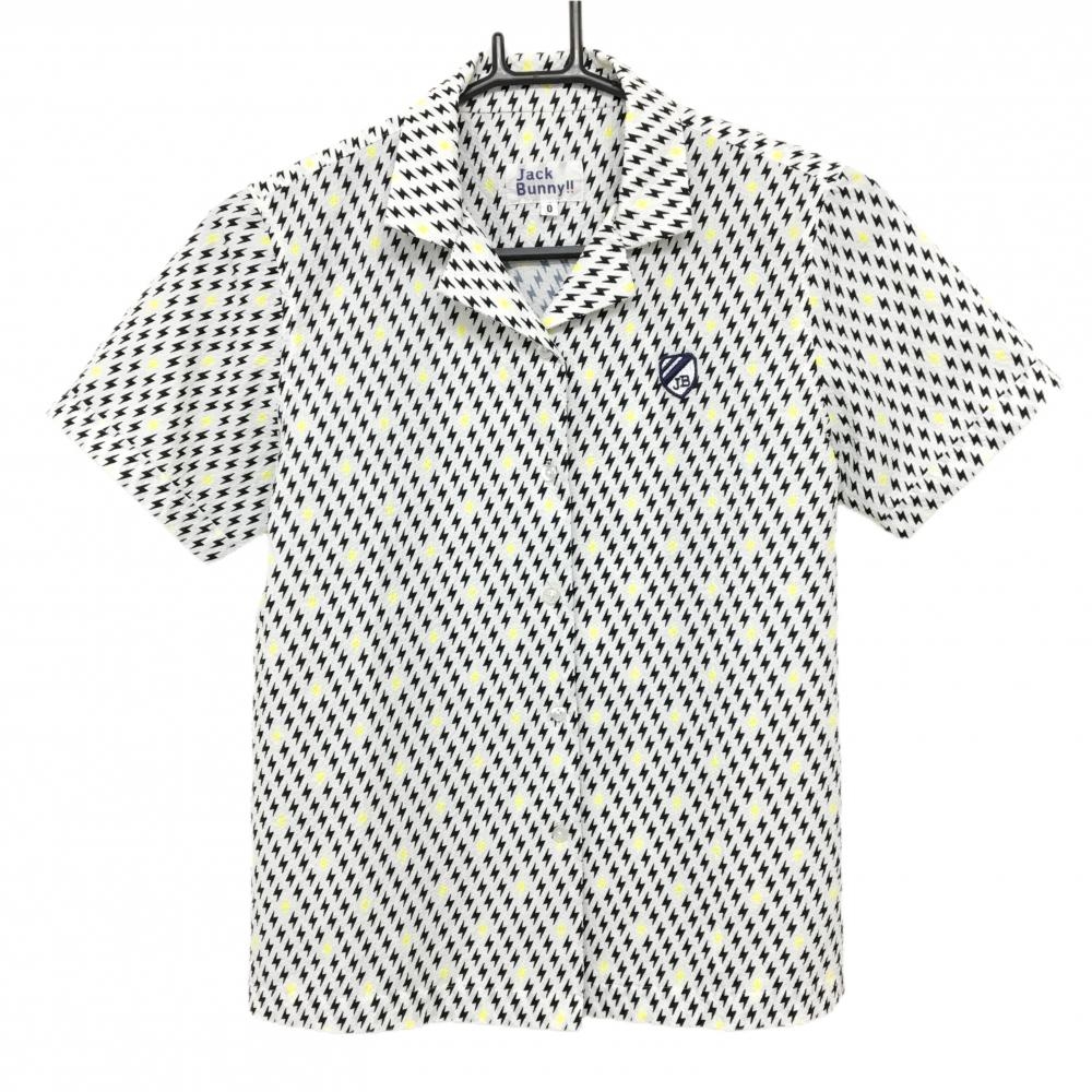 【超美品】ジャックバニー 半袖シャツ 白×黒×蛍光イエロー 総柄 凹凸生地 レディース 0(S) ゴルフウェア Jack Bunny