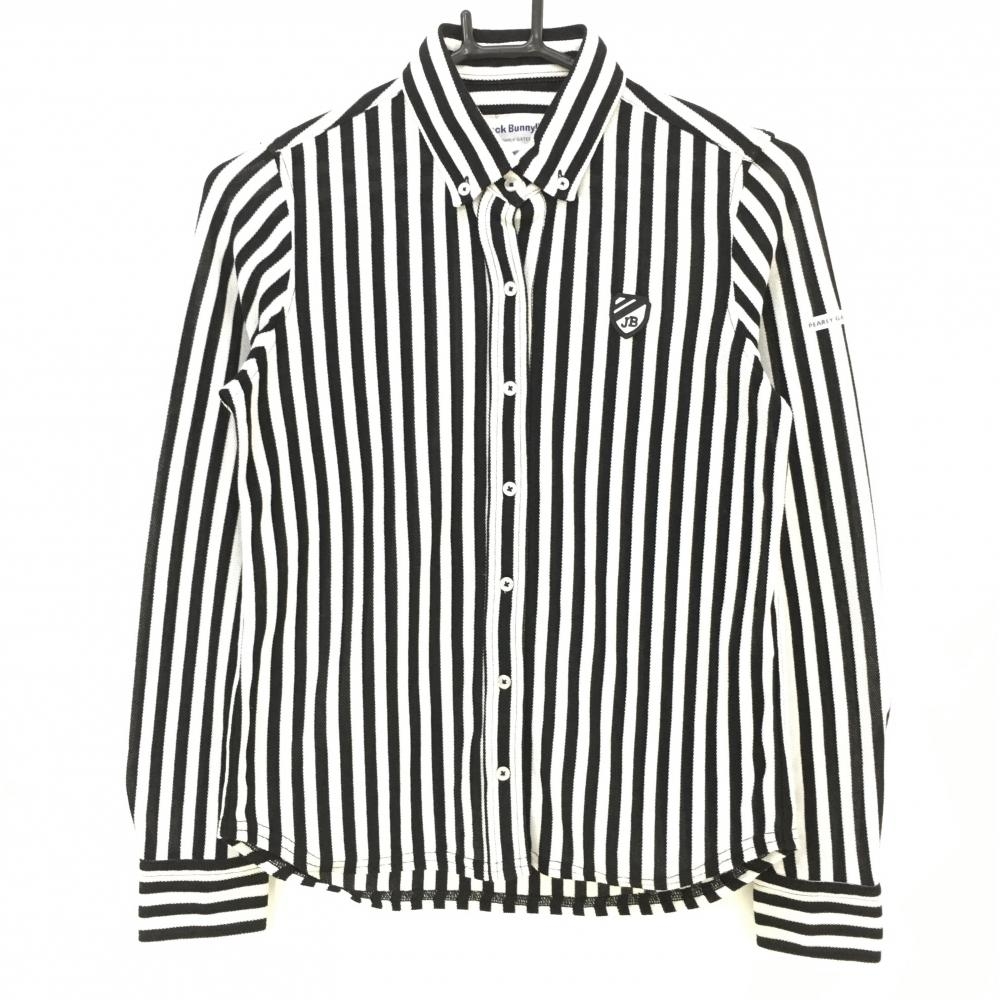 【美品】ジャックバニー 長袖シャツ 白×黒 ストライプ ボタンダウン レディース 0(S) ゴルフウェア Jack Bunny