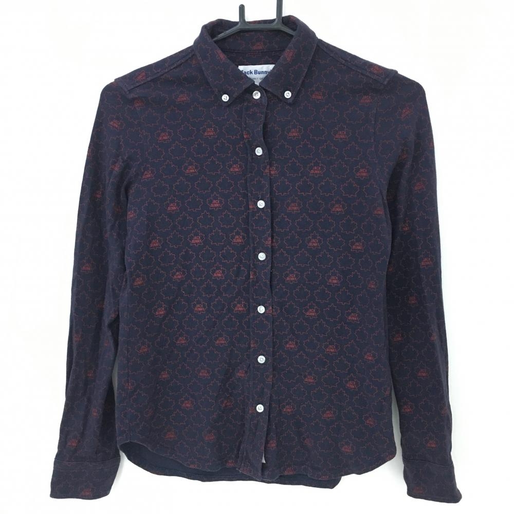 ジャックバニー 長袖シャツ ネイビー×レッド カエデ葉柄 ボタンダウン レディース 0(S) ゴルフウェア Jack Bunny