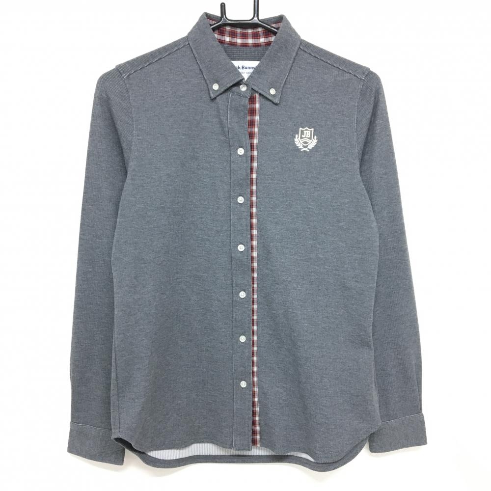 【超美品】ジャックバニー 長袖シャツ グレー 一部チェック リブ調 ボタンダウン レディース 1(M) ゴルフウェア Jack Bunny
