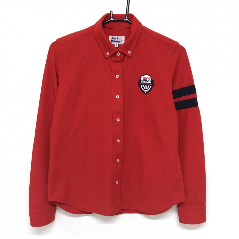 【美品】ジャックバニー 長袖シャツ レッド×ネイビー ボタンダウン 袖2ライン  レディース 1(M) ゴルフウェア Jack Bunny