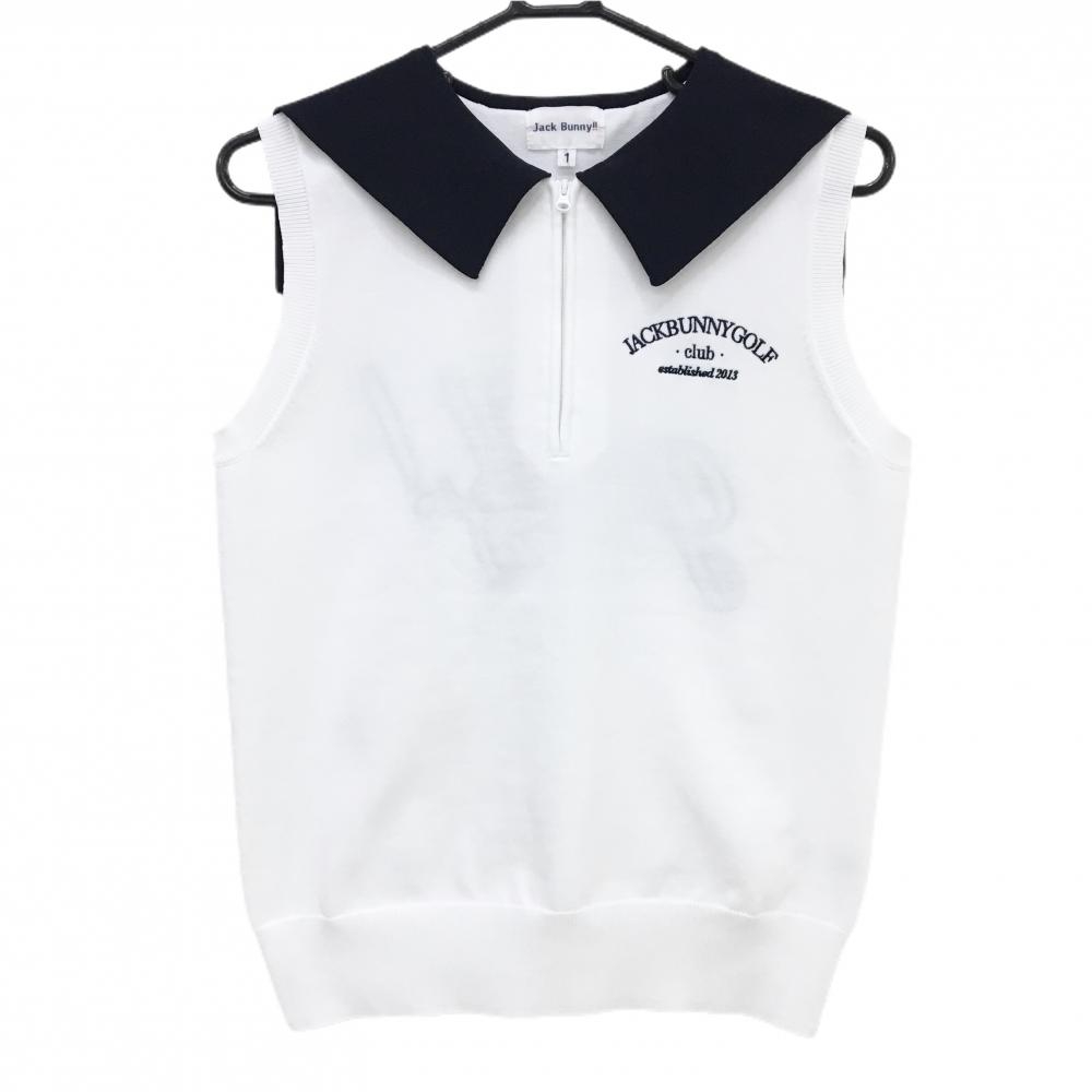 【超美品】ジャックバニー ノースリーブニットポロシャツ 白×ネイビー セーラー襟 レディース 1(M) ゴルフウェア 2024年モデル Jack Bunny