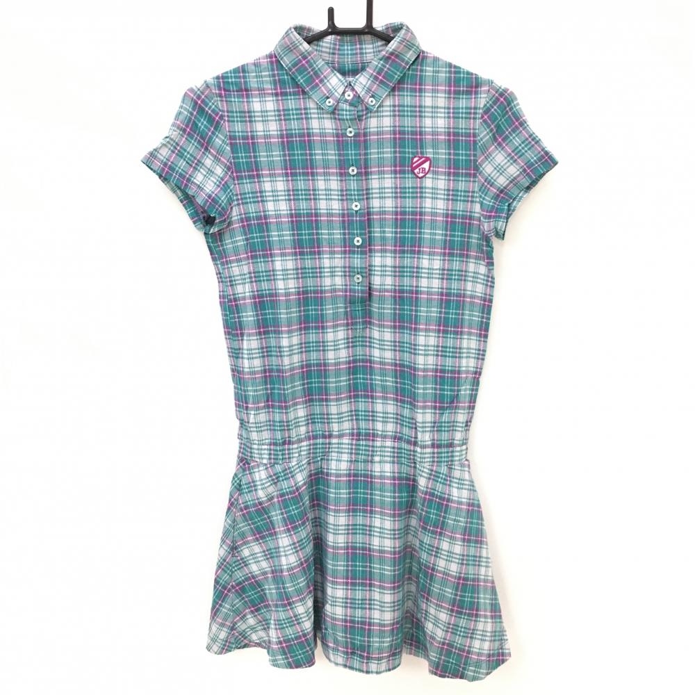 【超美品】ジャックバニー 半袖ポロワンピース グリーン×パープル チェック ボタンダウン レディース 0(S) ゴルフウェア Jack Bunny