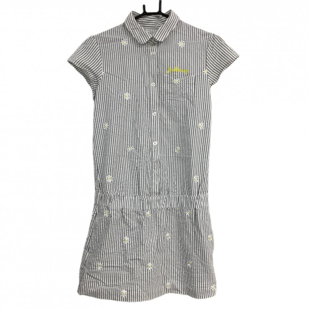 ジャックバニー 半袖ポロワンピース 白×グレー ストライプ 花刺しゅう  レディース 1(M) ゴルフウェア Jack Bunny