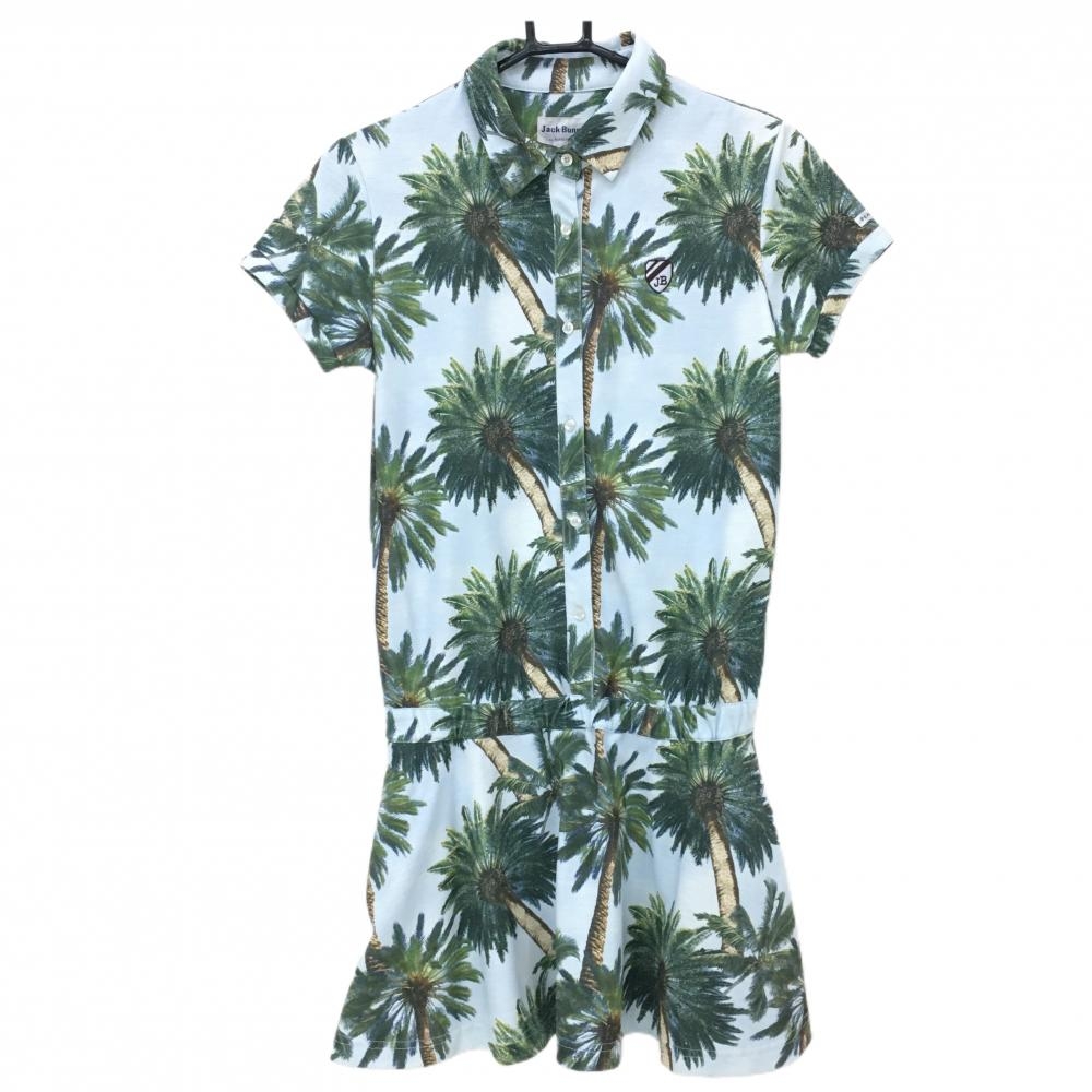 【超美品】ジャックバニー 半袖ポロワンピース ライトブルー×グリーン ヤシの木柄 ロゴ刺しゅう レディース 0(S) ゴルフウェア Jack Bunny