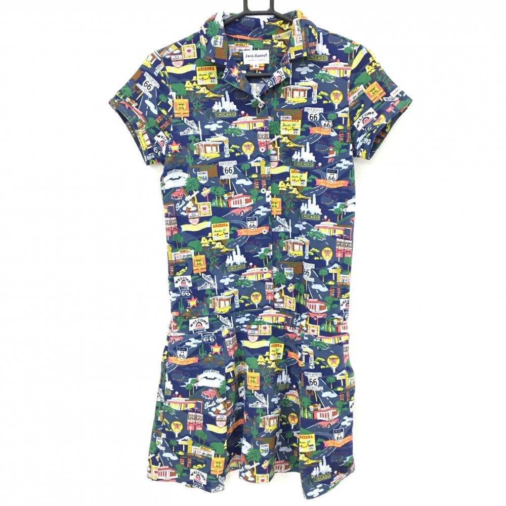 【美品】ジャックバニー 半袖ポロワンピース ネイビー×イエロー 総柄 レディース 0(S) ゴルフウェア Jack Bunny