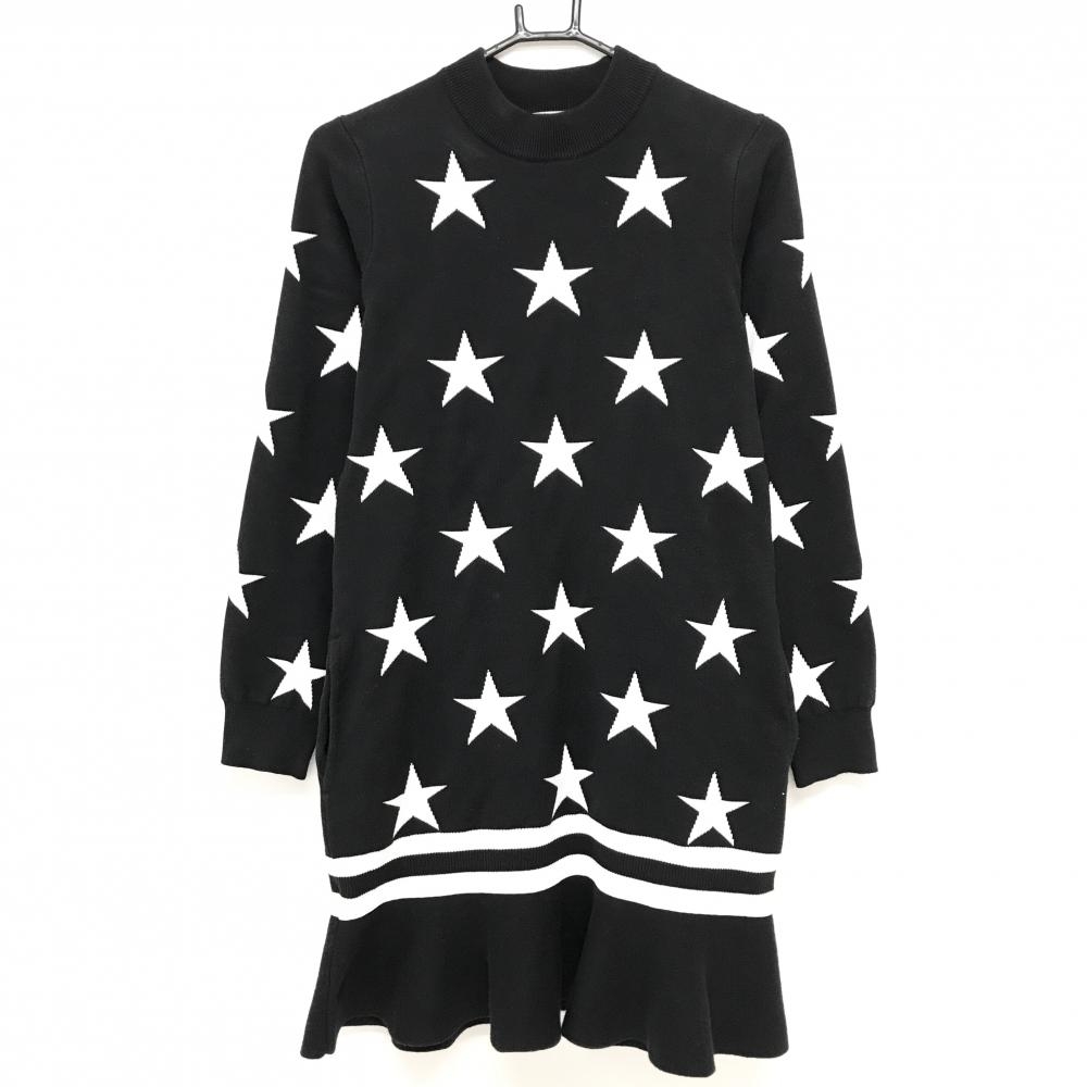 ジャックバニー ニットワンピース 黒×白 星柄 裾フリル レディース 2(L) ゴルフウェア Jack Bunny