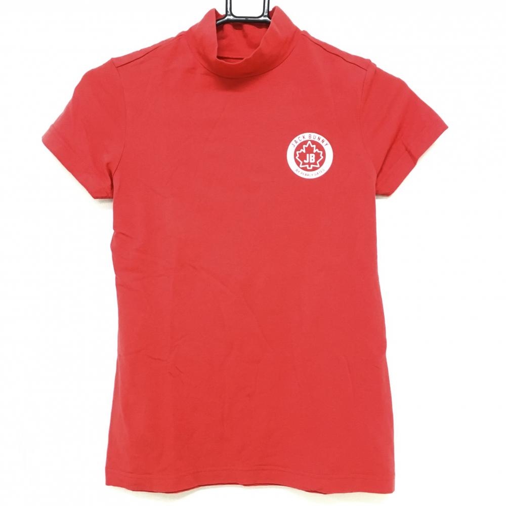 【超美品】ジャックバニー 半袖ハイネックシャツ レッド×白 後ろ裾ロゴ レディース 0(S) ゴルフウェア Jack Bunny