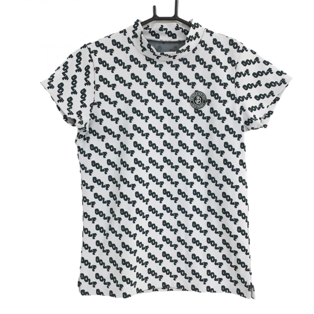 【美品】ジャックバニー 半袖ハイネックシャツ 白×グリーン 英字総柄 レディース 0(S) ゴルフウェア 2023年モデル Jack Bunny