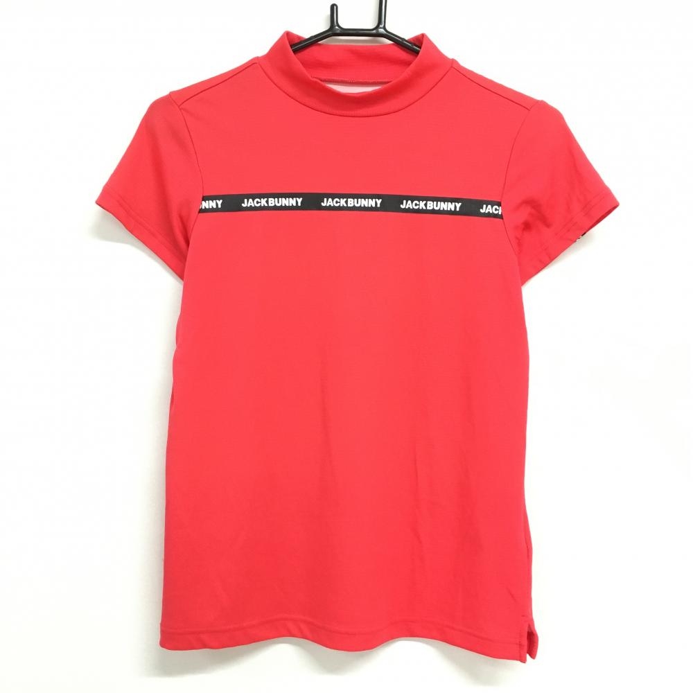 【超美品】ジャックバニー 半袖ハイネックシャツ レッドピンク系×白 織生地  レディース 0(S) ゴルフウェア 2023年モデル Jack Bunny