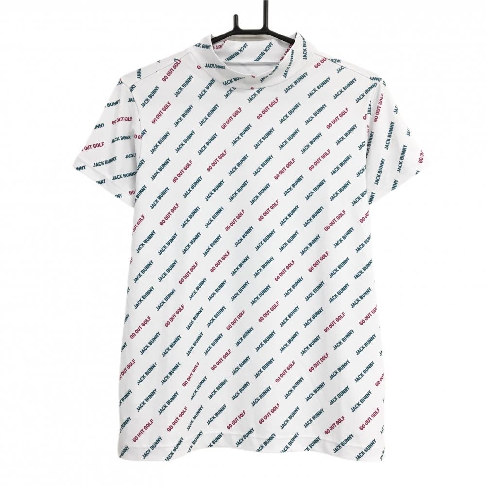 【美品】ジャックバニー 半袖ハイネックシャツ 白×グリーン ロゴ総柄 ストレッチ  レディース 2(L) ゴルフウェア Jack Bunny
