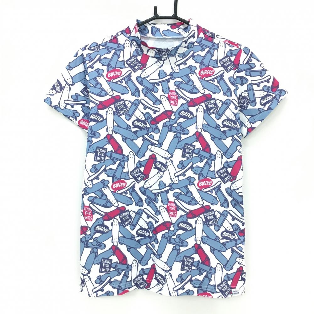 【超美品】ジャックバニー 半袖ハイネックシャツ 白×スモーキーブルー×ピンク スケボー総柄 レディース 2(L) ゴルフウェア Jack Bunny