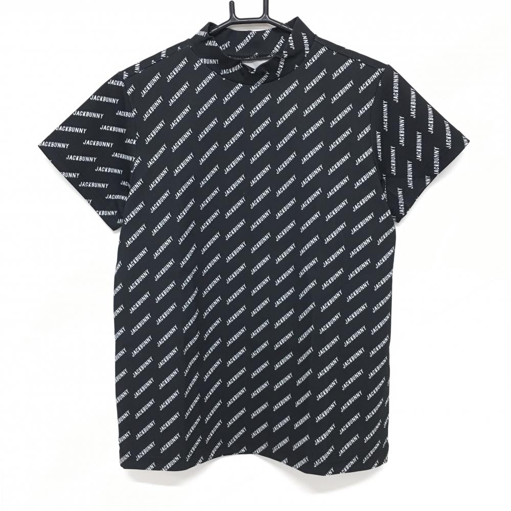 【美品】ジャックバニー 半袖ハイネックシャツ ダークネイビー×白 ロゴ総柄  レディース 2(L) ゴルフウェア Jack Bunny