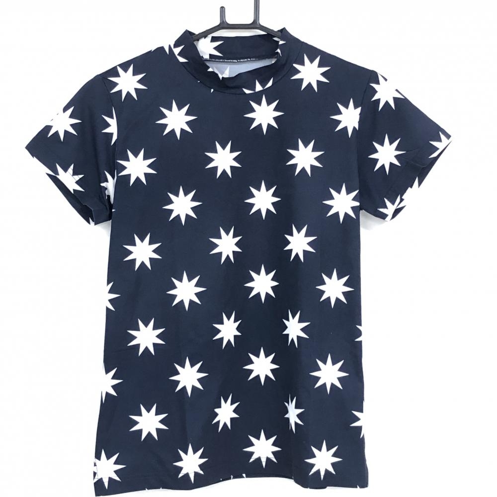 【超美品】ジャックバニー 半袖ハイネックシャツ ネイビー×白 星総柄 レディース 2(L) ゴルフウェア 2024年モデル Jack Bunny