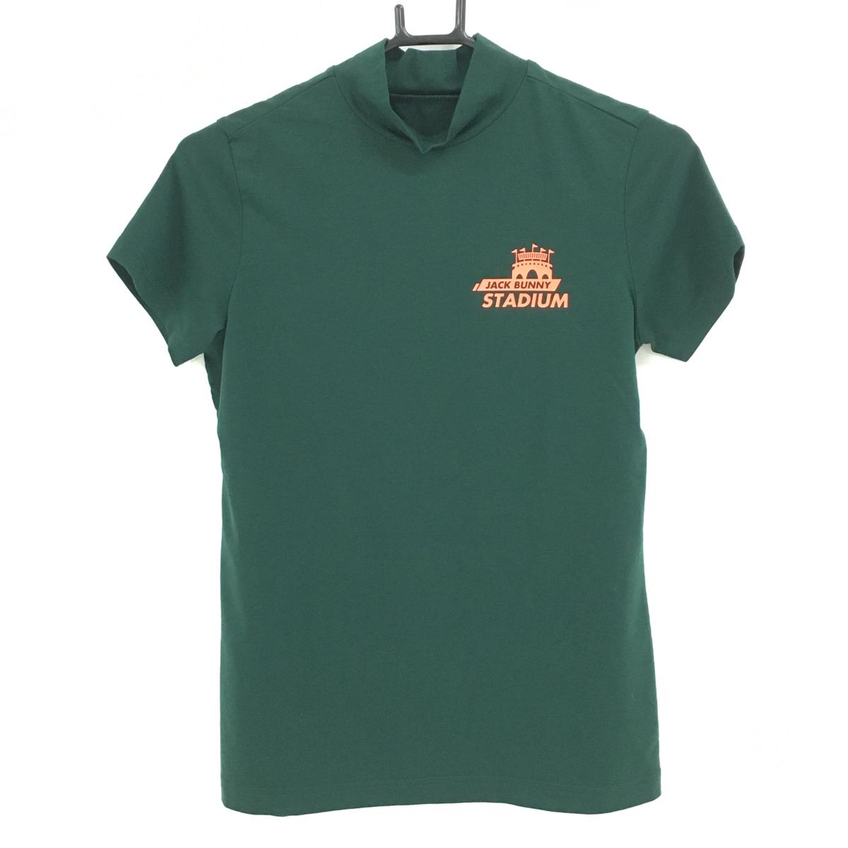 【超美品】ジャックバニー 半袖ハイネックシャツ グリーン×オレンジ ストレッチ ロゴ レディース 0(S) ゴルフウェア Jack Bunny