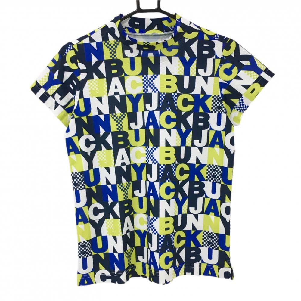 【超美品】ジャックバニー 半袖ハイネックシャツ 白×イエローグリーン×ブルー レディース 1(M) ゴルフウェア Jack Bunny