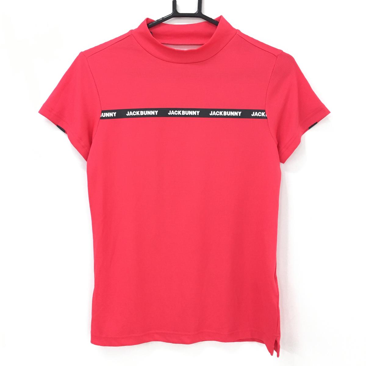 【超美品】ジャックバニー 半袖ハイネックシャツ レッド ロゴライン 速乾 軽量 レディース 1(M) ゴルフウェア 2023年モデル Jack Bunny