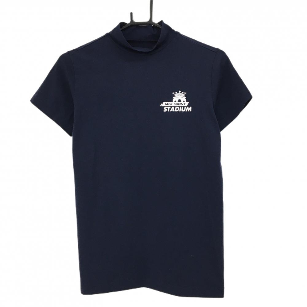 【超美品】ジャックバニー 半袖ハイネックシャツ ネイビー×白 胸元プリント STADIUM  レディース 1(M) ゴルフウェア Jack Bunny