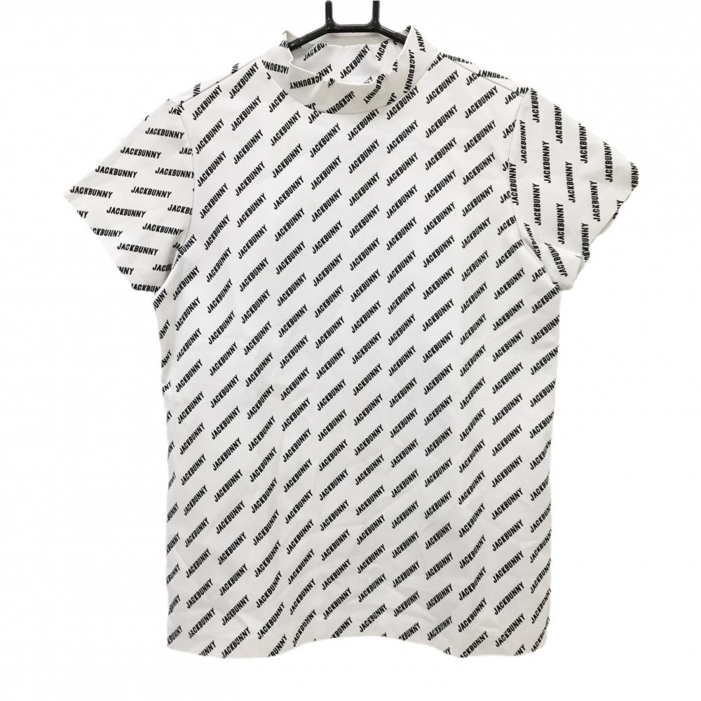 【美品】ジャックバニー 半袖ハイネックシャツ オフホワイト×黒 英字ロゴ総柄 レディース 1(M) ゴルフウェア Jack Bunny