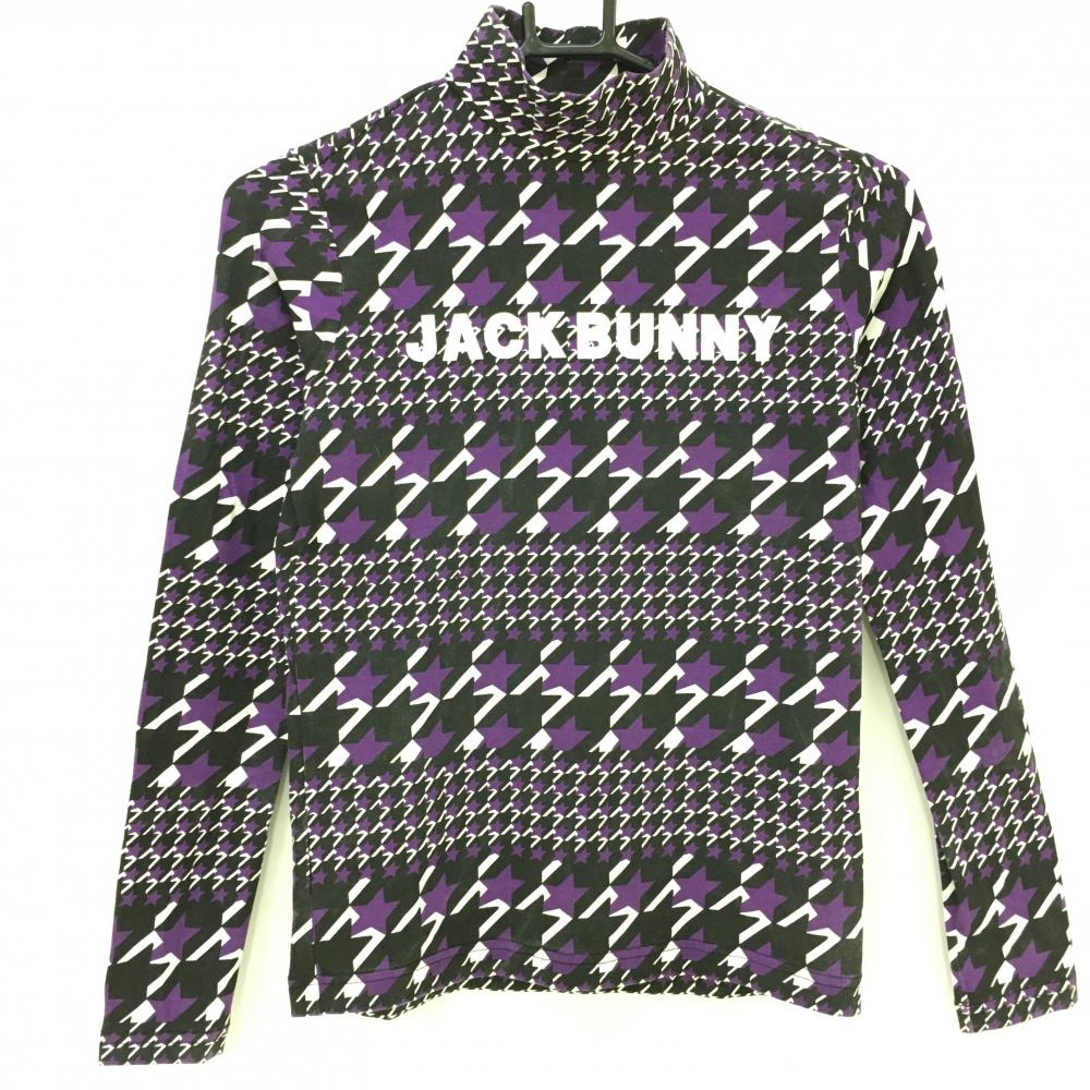 【美品】ジャックバニー 長袖ハイネックシャツ パープル×黒 総柄 レディース 0(S) ゴルフウェア Jack Bunny