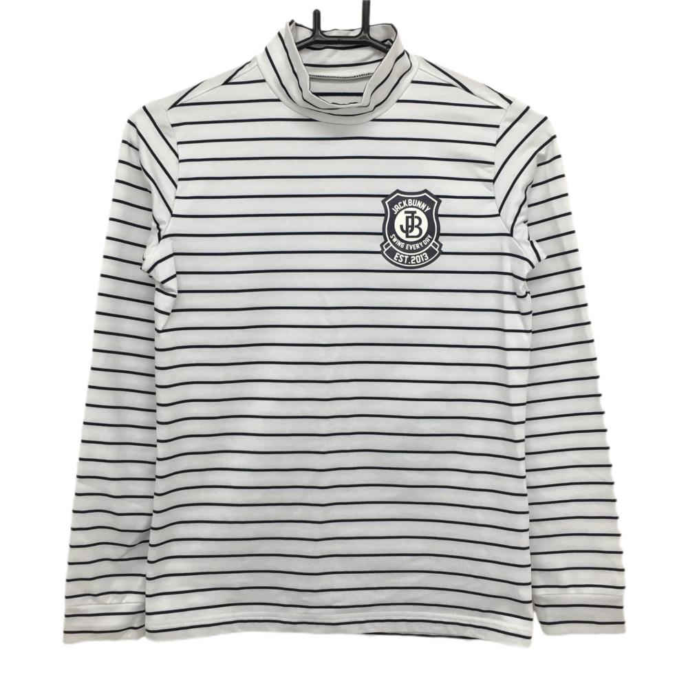 ジャックバニー 長袖ハイネックシャツ 白×ダークネイビー ボーダー 裏微起毛 ロゴプリント  レディース 0(S) ゴルフウェア Jack Bunny