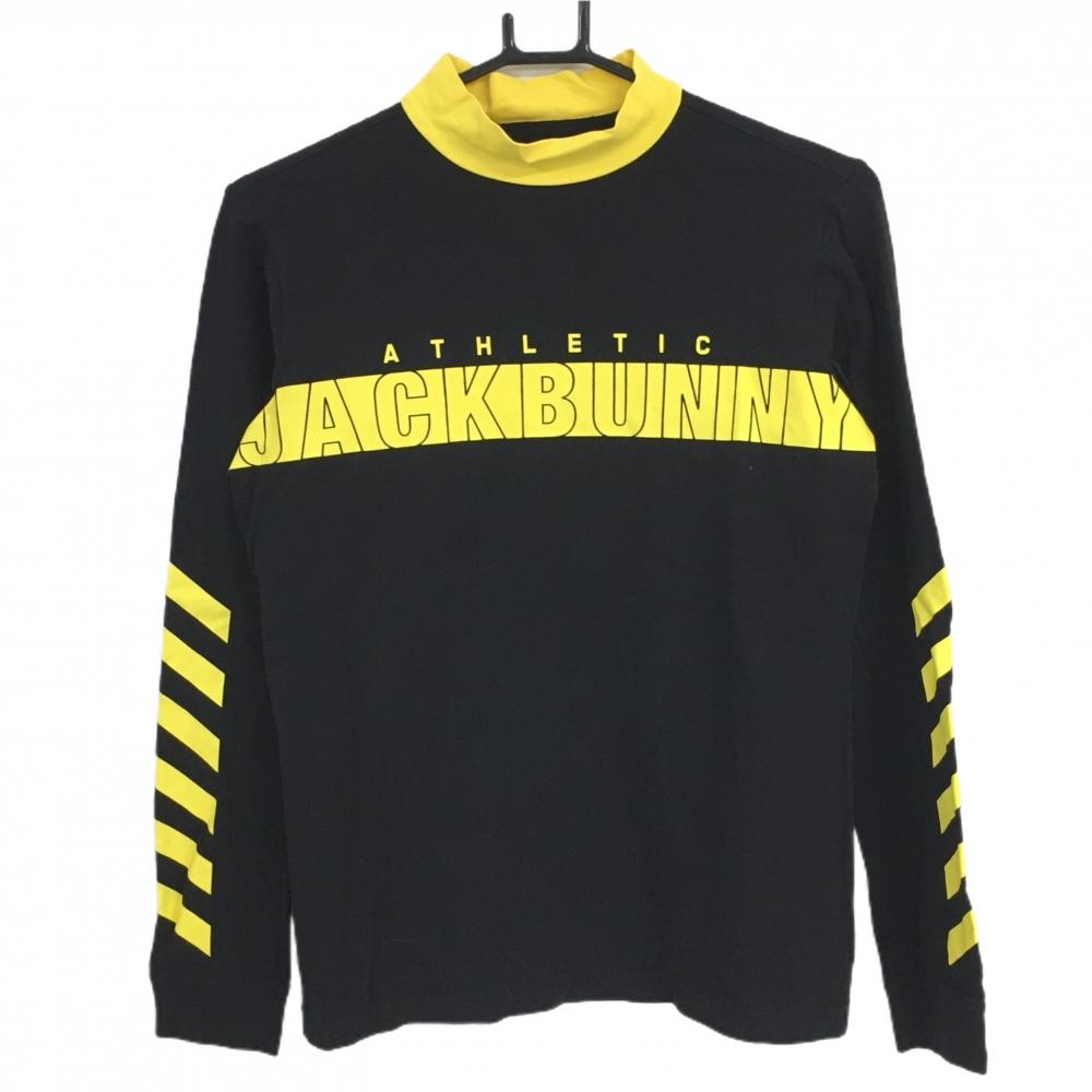 【超美品】ジャックバニー 長袖ハイネックシャツ 黒×イエロー 袖一部斜めストライプ レディース 2(L) ゴルフウェア Jack Bunny